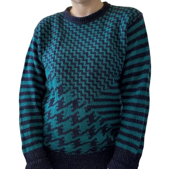 Vintage Gianfranco Ruffuni Blue Donegal Fleck Geometric Ski Wool Sweater Sz M - Picture 2 of 7